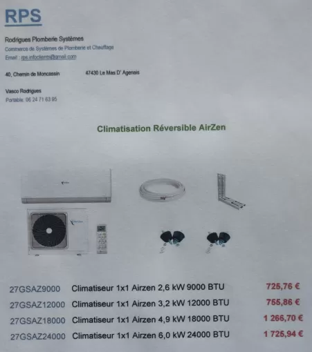 Climatisation à prix discount a Marmande, Agen, RPS - Rodrigues Plomberie Systemes